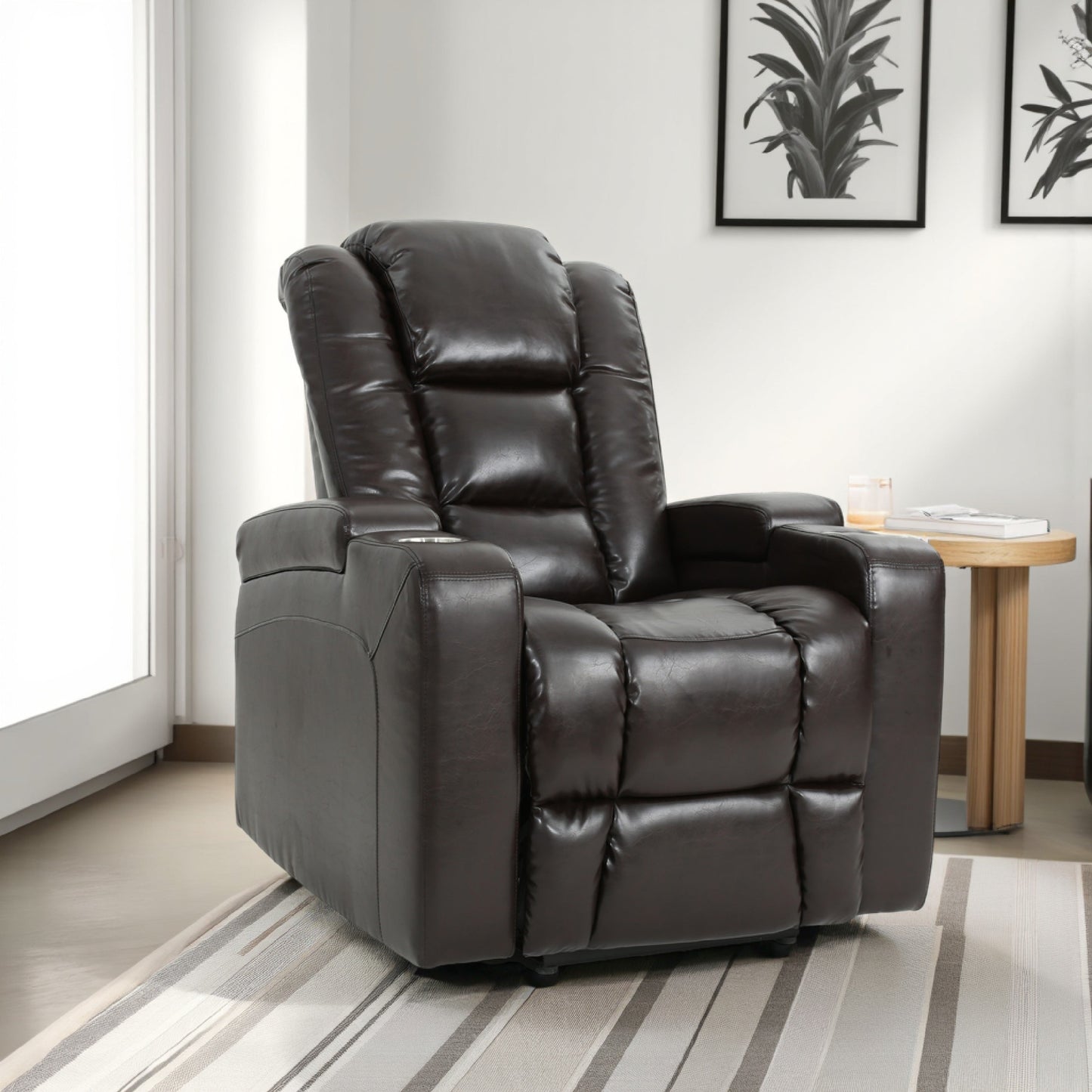 Fauteuil inclinable électrique Yoma, 2 porte-gobelets, rangement, USB, similicuir marron