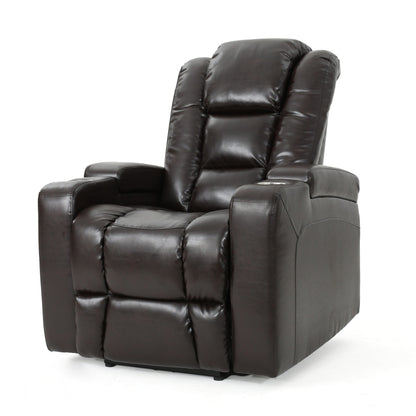 Fauteuil inclinable électrique Yoma, 2 porte-gobelets, rangement, USB, similicuir marron