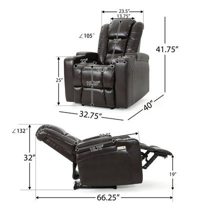 Fauteuil inclinable électrique Yoma, 2 porte-gobelets, rangement, USB, similicuir marron