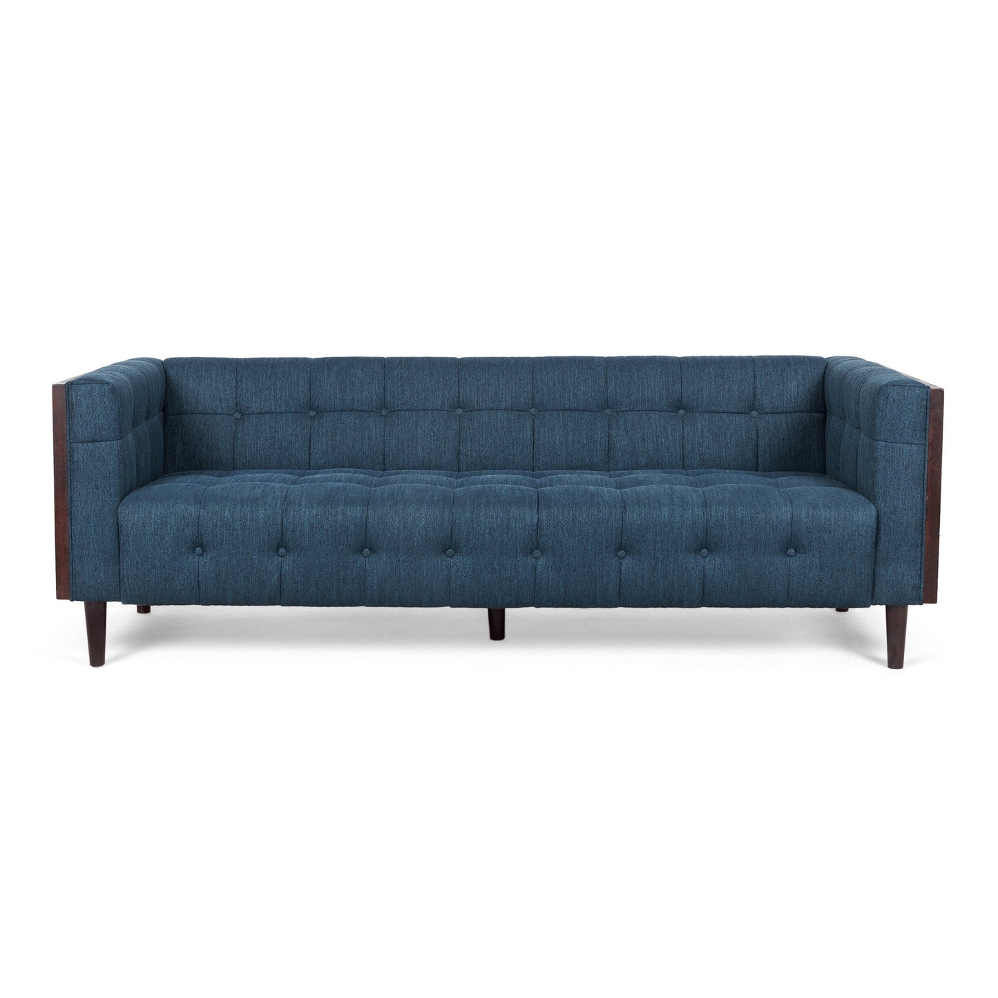 Canapé Yuro 3 places, capitonné Chesterfield, 228 cm, tissu bleu