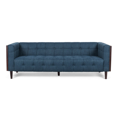 Canapé Yuro 3 places, capitonné Chesterfield, 228 cm, tissu bleu