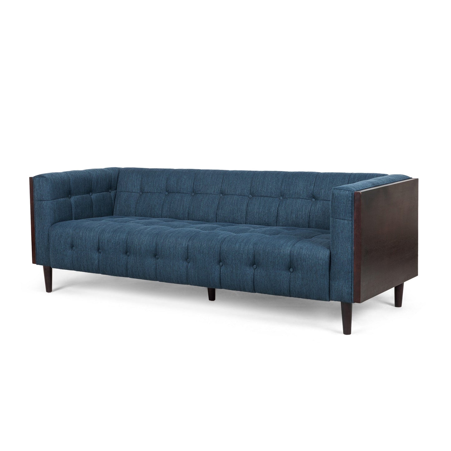 Canapé Yuro 3 places, capitonné Chesterfield, 228 cm, tissu bleu