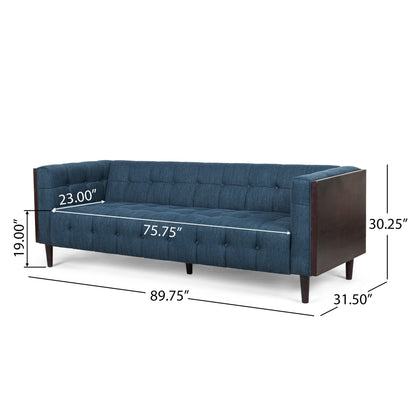 Canapé Yuro 3 places, capitonné Chesterfield, 228 cm, tissu bleu