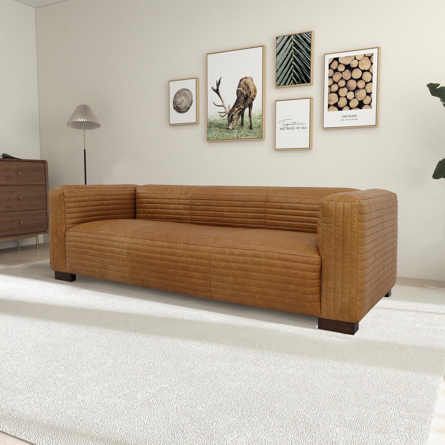 Canapé de salon Zenith 90 pouces large en cuir beige, style milieu du siècle moderne