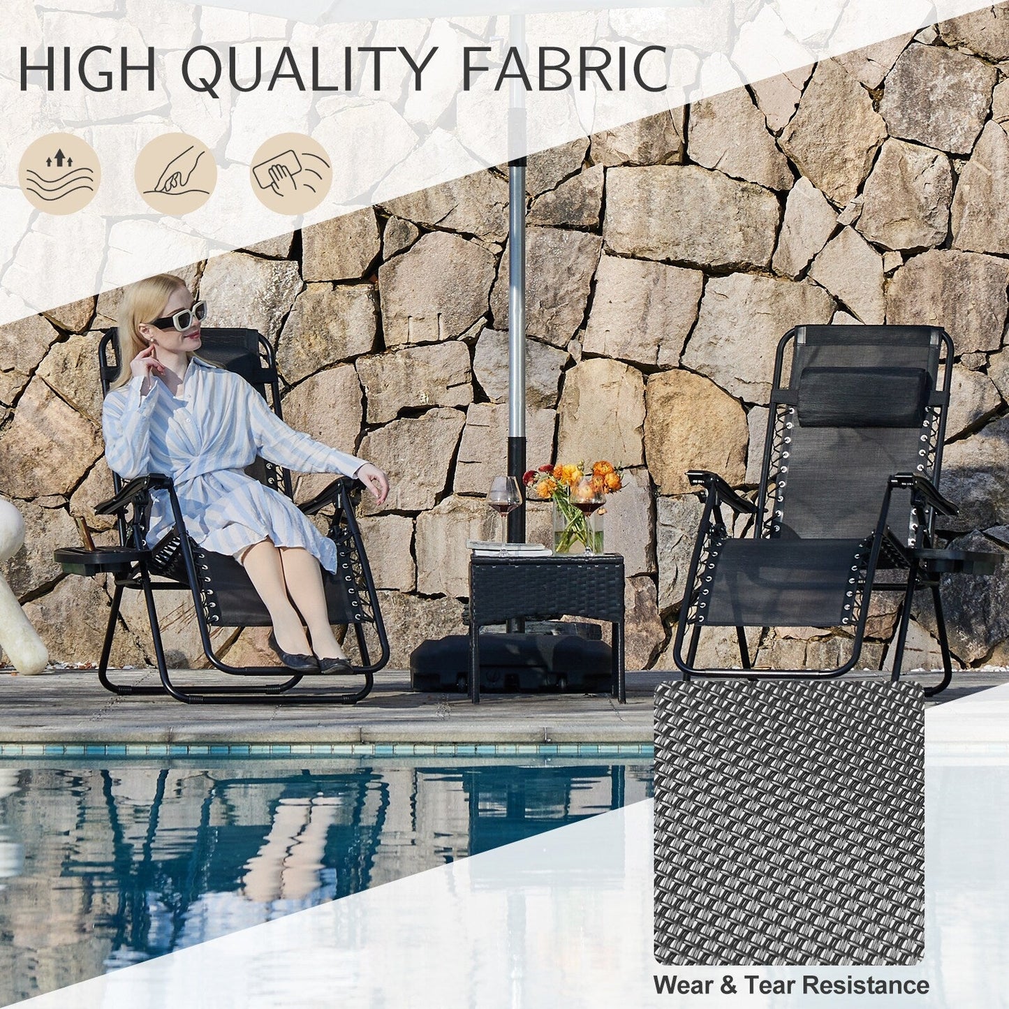 Fauteuil inclinable pliable Zero Gravity pour patio extérieur avec appui-tête, porte-gobelet et plateau amovible