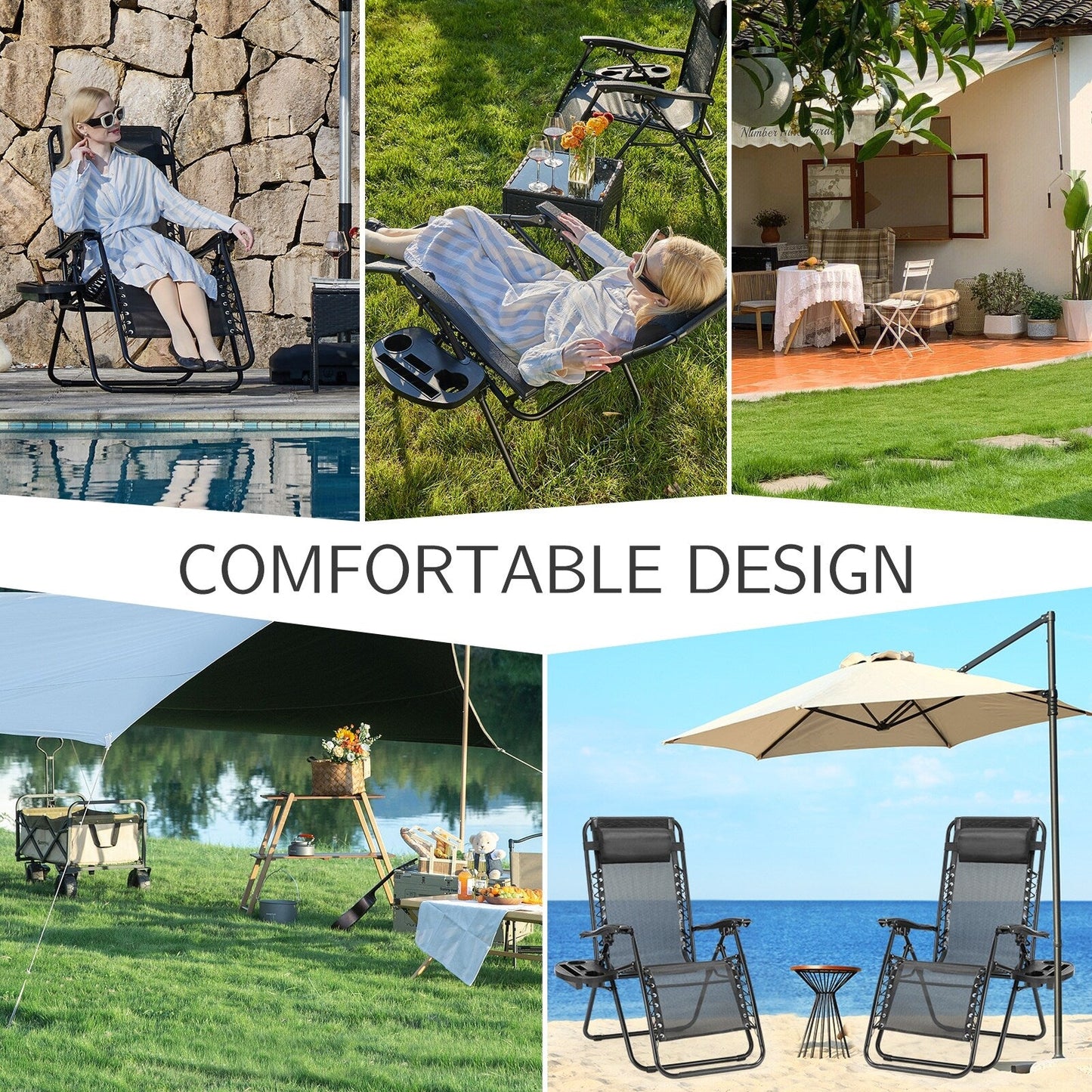 Fauteuil inclinable pliable Zero Gravity pour patio extérieur avec appui-tête, porte-gobelet et plateau amovible
