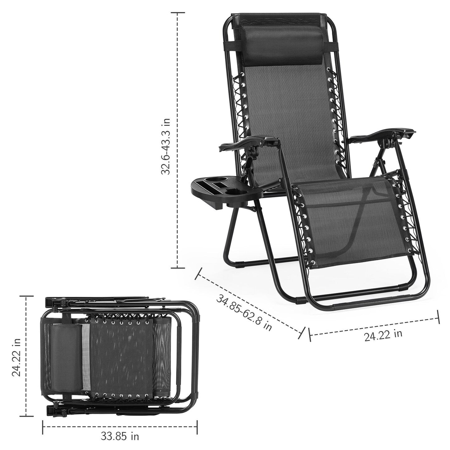 Fauteuil inclinable pliable Zero Gravity pour patio extérieur avec appui-tête, porte-gobelet et plateau amovible