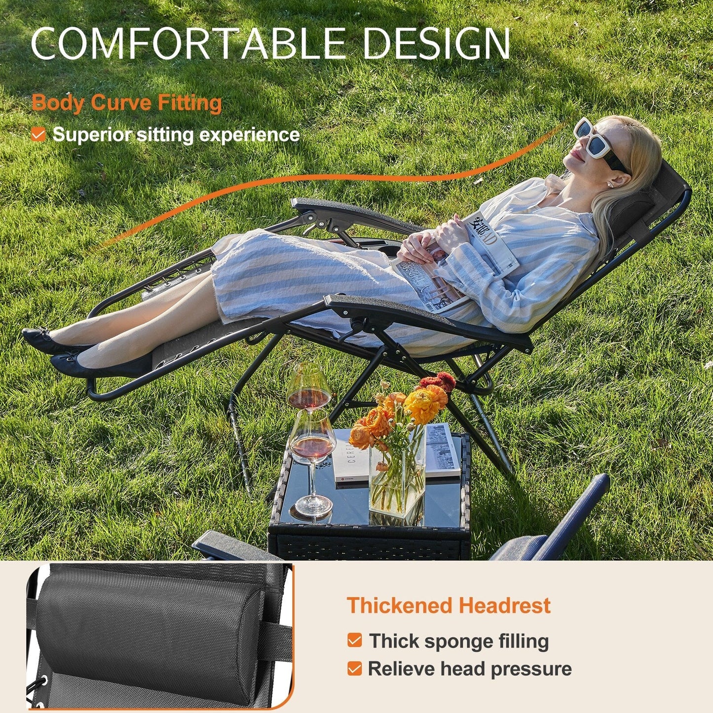 Fauteuil inclinable pliable Zero Gravity pour patio extérieur avec appui-tête, porte-gobelet et plateau amovible
