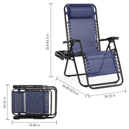 Fauteuil inclinable pliable Zero Gravity pour patio extérieur avec appui-tête, porte-gobelet et plateau amovible