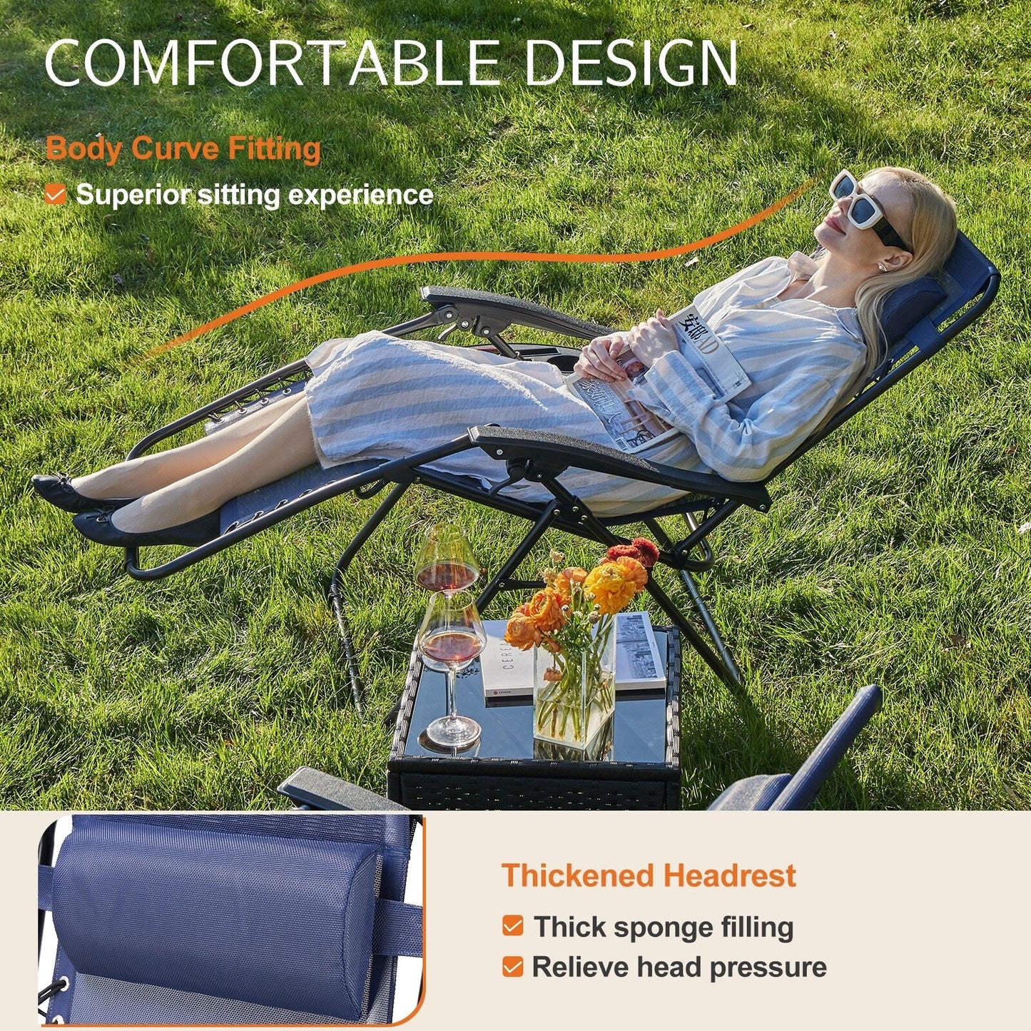 Fauteuil inclinable pliable Zero Gravity pour patio extérieur avec appui-tête, porte-gobelet et plateau amovible