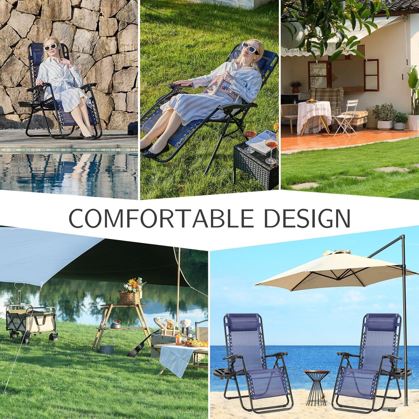 Fauteuil inclinable pliable Zero Gravity pour patio extérieur avec appui-tête, porte-gobelet et plateau amovible