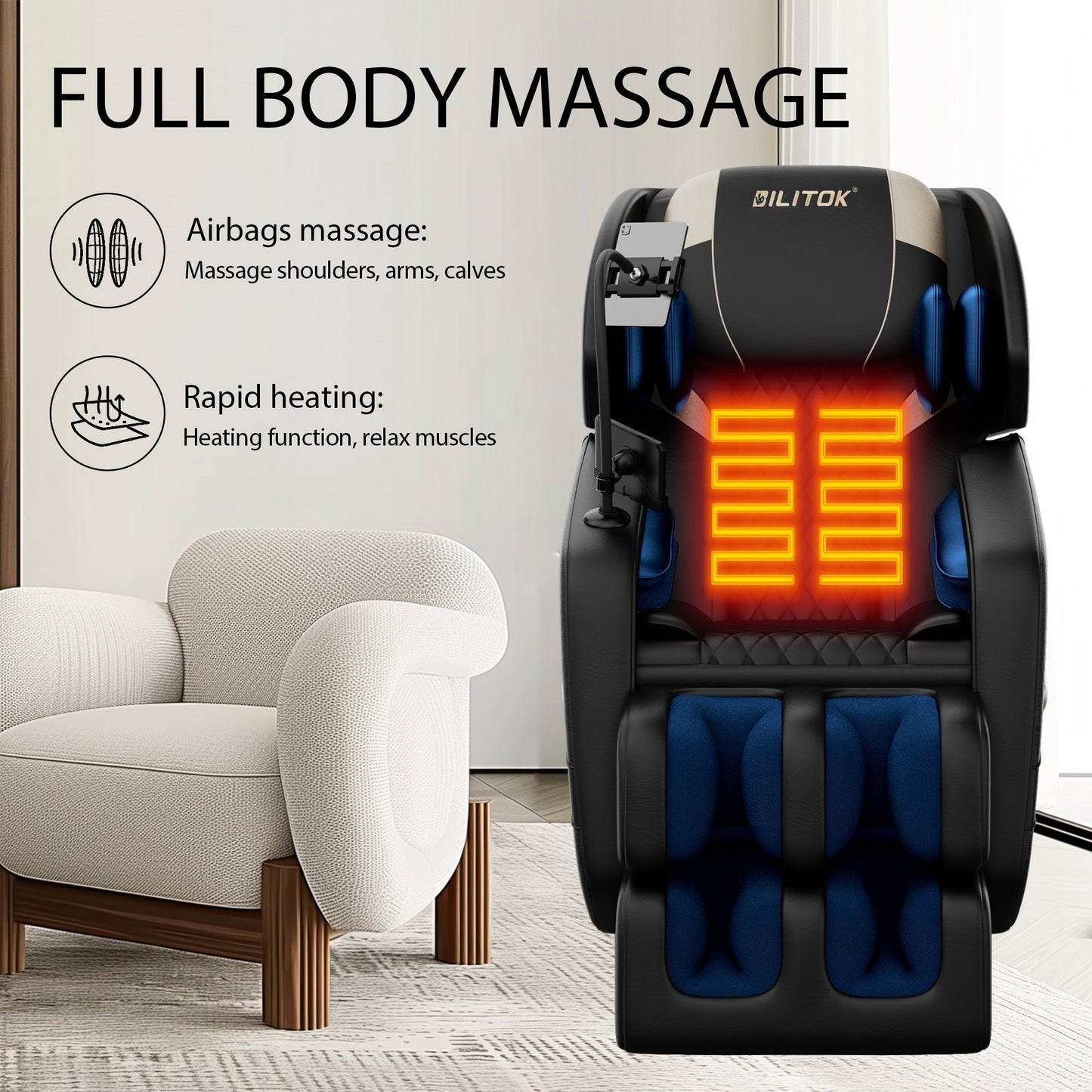 Fauteuil inclinable de massage à gravité zéro avec massage à air, chauffage et haut-parleurs Bluetooth