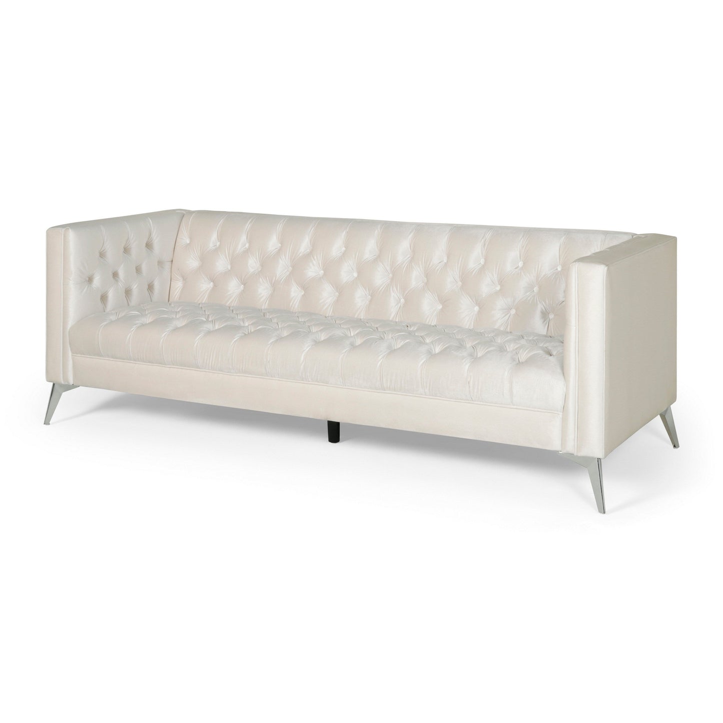 Canapé Zexy, 3 places, Chesterfield capitonné, velours beige, chrome