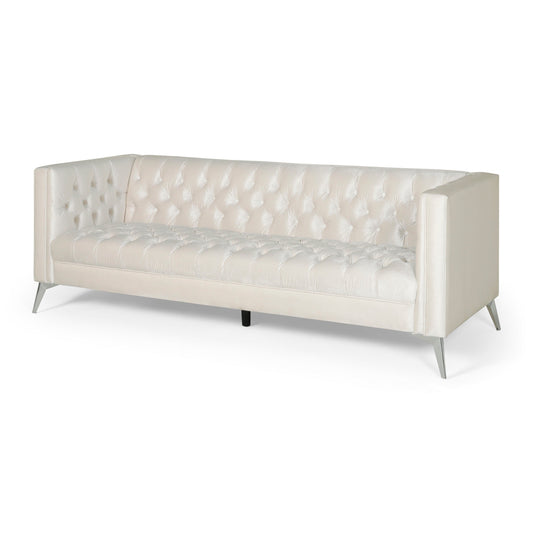 Canapé Zexy, 3 places, Chesterfield capitonné, velours beige, chrome