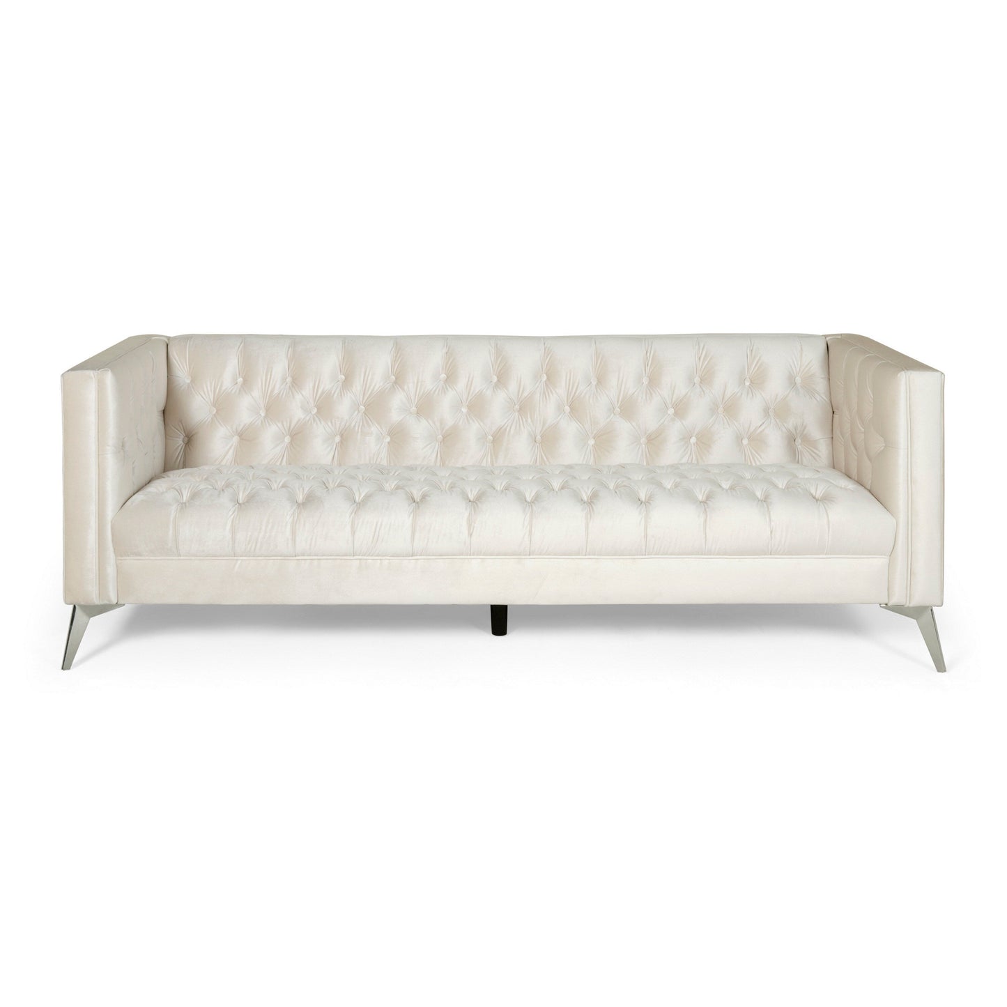 Canapé Zexy, 3 places, Chesterfield capitonné, velours beige, chrome