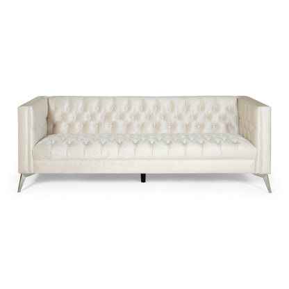 Canapé Zexy, 3 places, Chesterfield capitonné, velours beige, chrome
