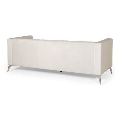 Canapé Zexy, 3 places, Chesterfield capitonné, velours beige, chrome