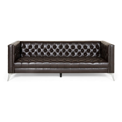 Canapé Zexy, 3 places, Chesterfield capitonné, similicuir marron riche