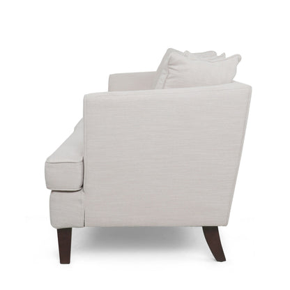 Canapé 3 places Zuko 74 pouces, tissu beige, 5 coussins décoratifs, pieds en bois