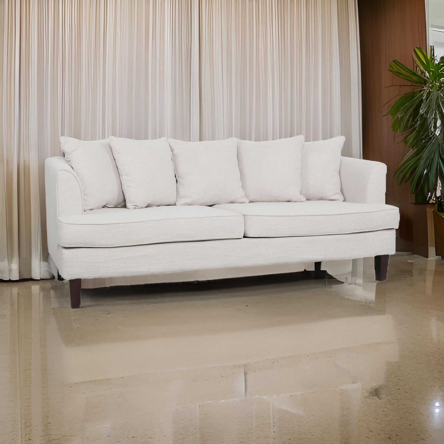 Canapé 3 places Zuko 74 pouces, tissu beige, 5 coussins décoratifs, pieds en bois